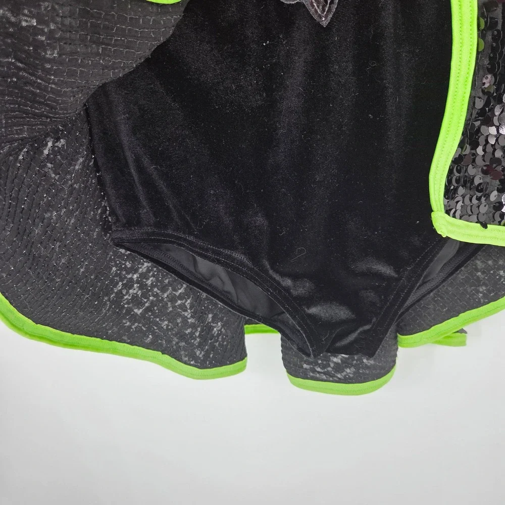 Weissman Black Neon Green Sequin Dance Costume Leotard Peplum MC Jazz Tap